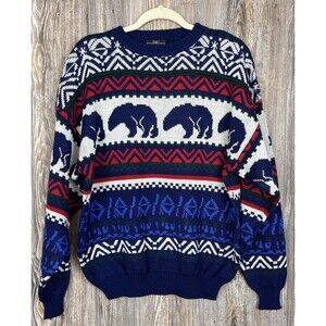 Vtg Demetre Sweater Mens‎ L Wool Blend Bear Pattern Nordic Fair Isle Cabincore